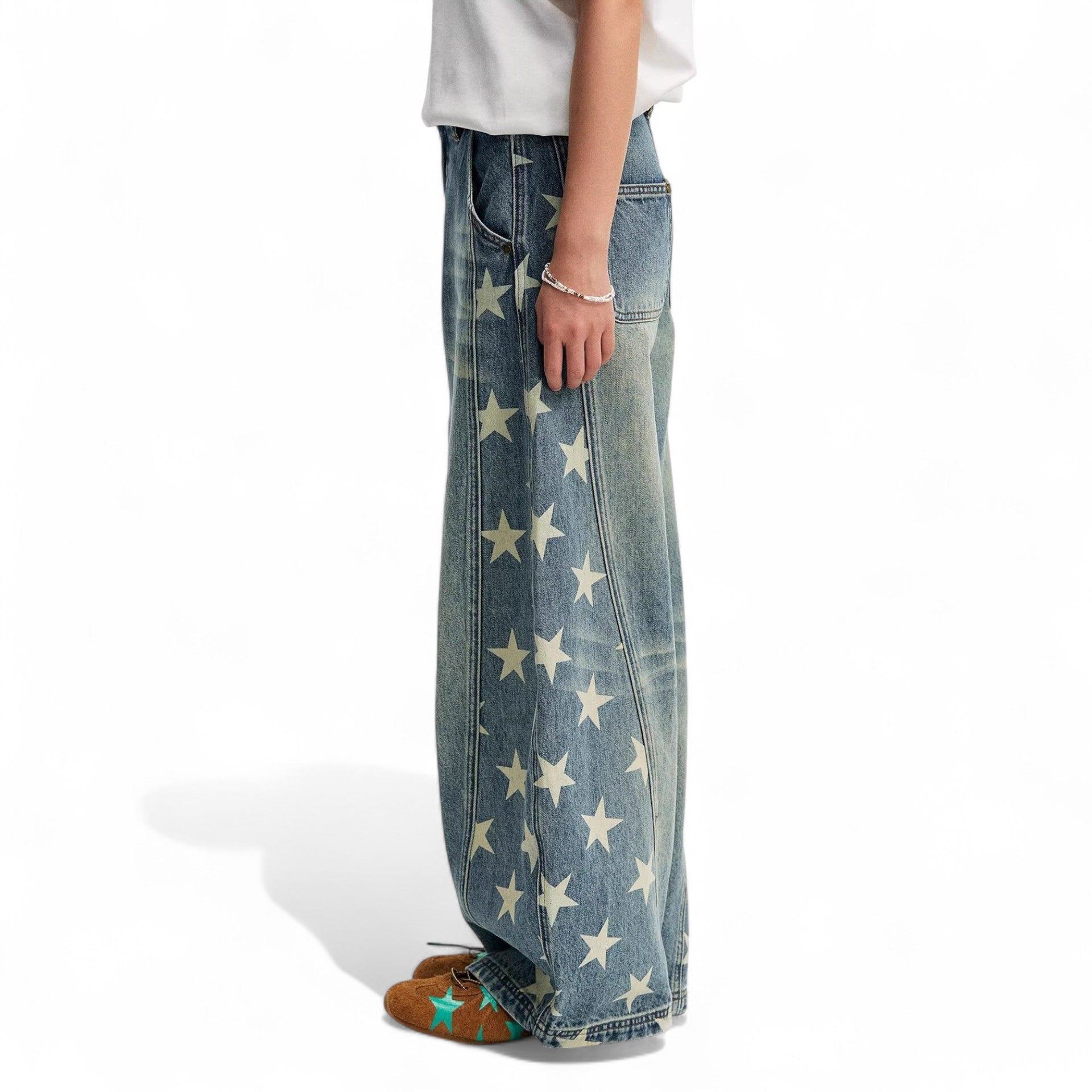 Design sense star side cut print wide-leg jeans