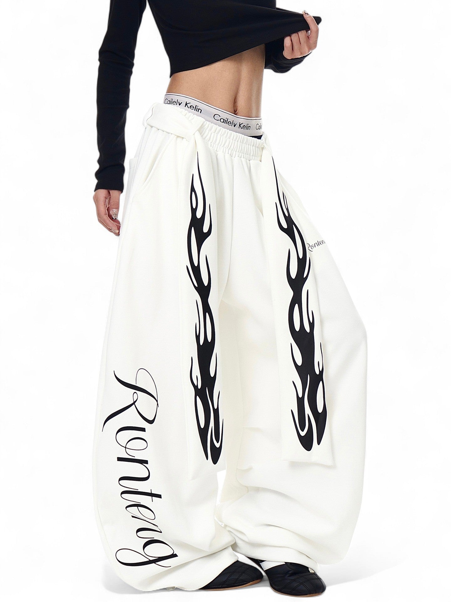 wihte flame letter print casual loose sweatpants