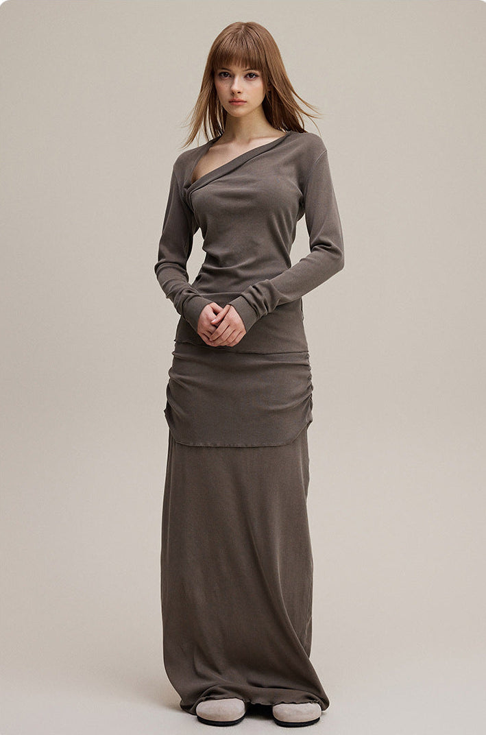 Brown Pure & Sexy Asymmetrical Off-Shoulder Waist-Cinching Long Sleeve Top and Maxi Skirt Set