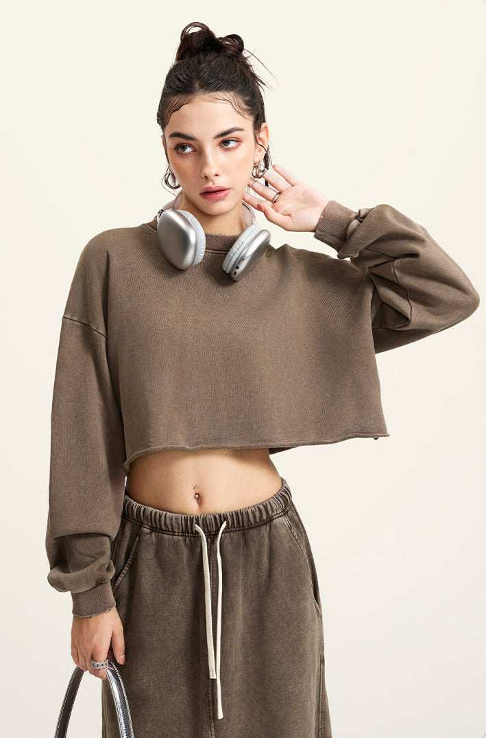 Brown Two-Piece Set - Raw Hem Skirt & Cropped Long Sleeve Top with A-Line Skirt