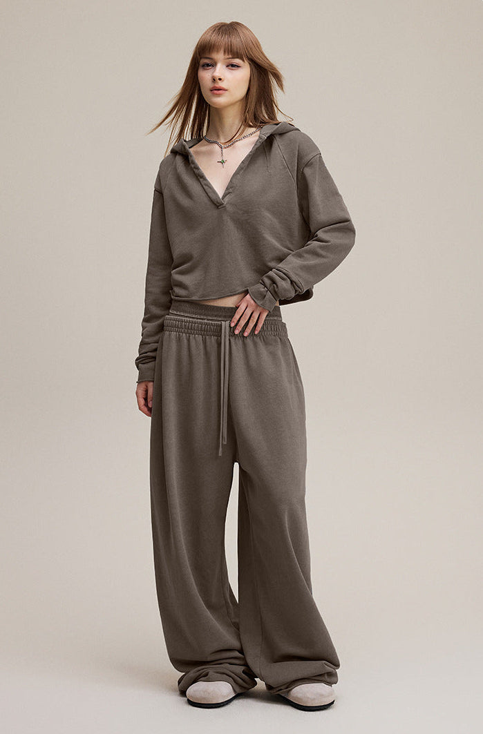 Retro Baddie V-Neck Long Sleeve Double-Waist Sweat Set