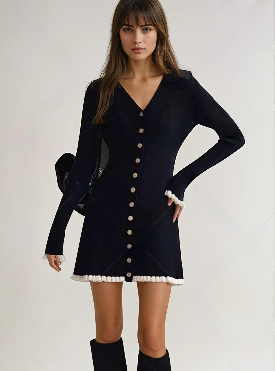 French Contrast V-Neck Waist Knitted Wool Dress