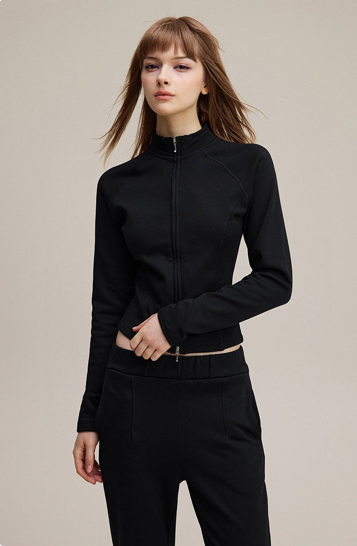 Vintage Premium quality Stand Collar Zipper Lulu Style Mousse Texture Slim-Fit Long Sleeve Track Suit