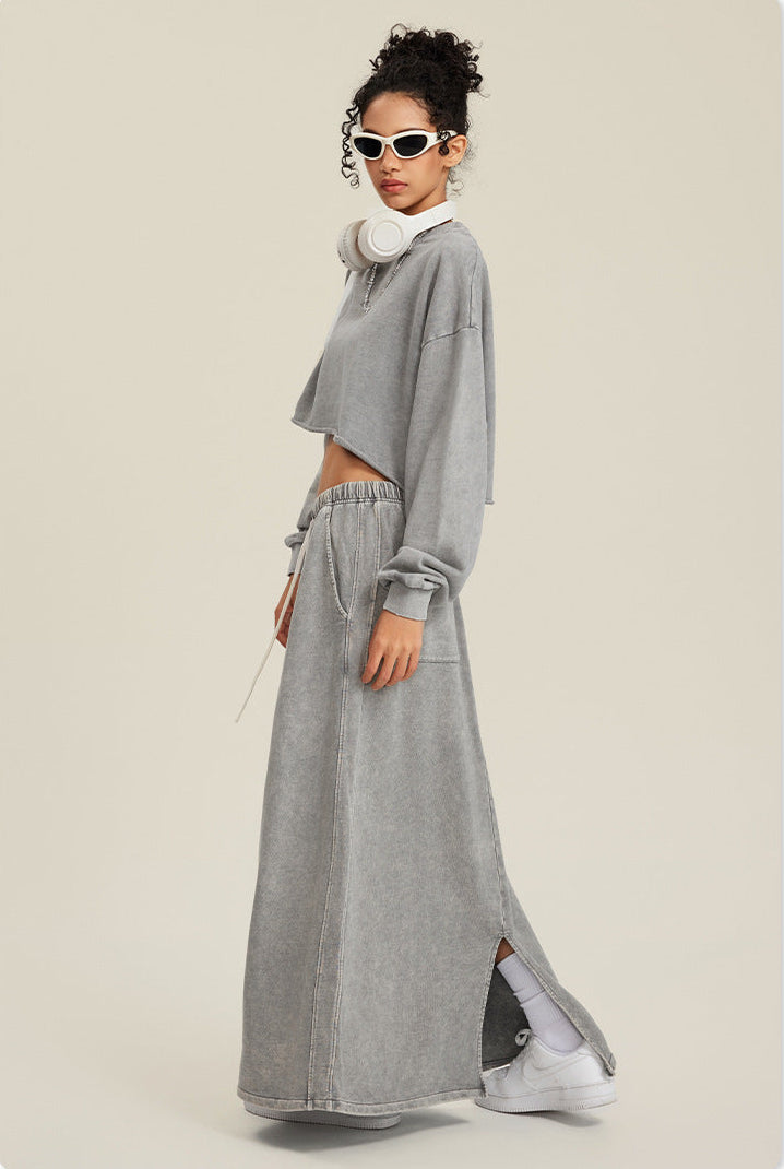 Grey Two-Piece Set - Raw Hem Skirt & Cropped Long Sleeve Top with A-Line Skirt