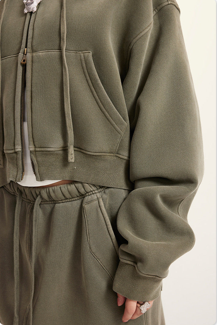 Khaki Green Retro Washed Fleece Zip-Up Crop Cardigan & Multi-Pocket A-Line Skirt Set