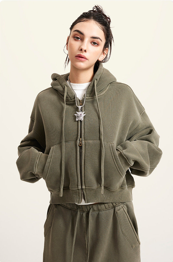 Khaki Green Retro Washed Fleece Zip-Up Crop Cardigan & Multi-Pocket A-Line Skirt Set