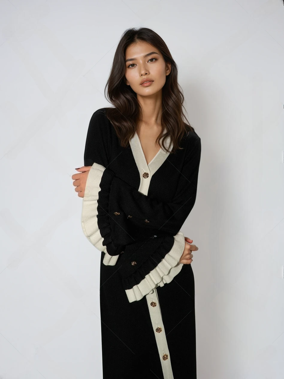 V-Neck Flare Sleeve Knit Sweater Dress with Contrast Buttons