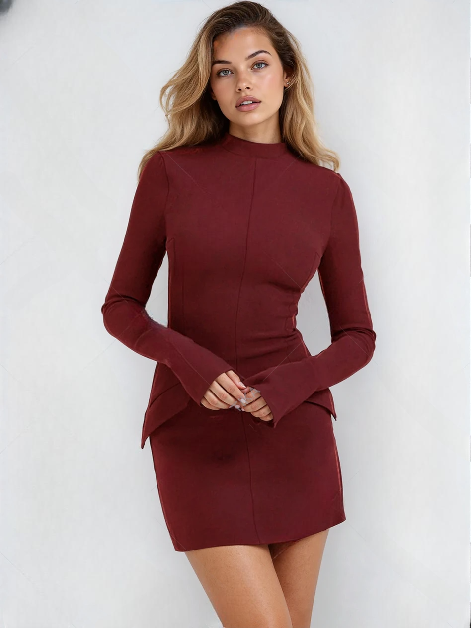 taupe claret red long sleeve mini dress
