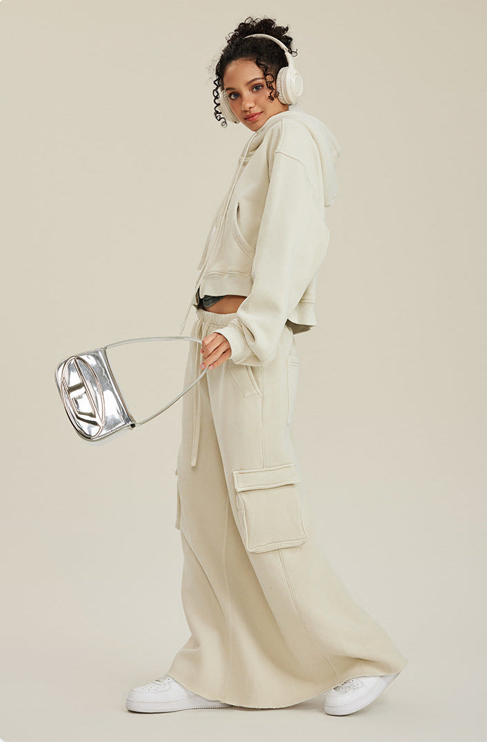 Retro Washed Fleece Zip-Up Crop Cardigan & Multi-Pocket A-Line Skirt Set