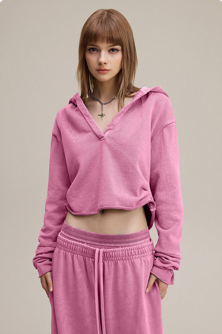 Pink Retro Baddie V-Neck Long Sleeve Double-Waist Sweat Set