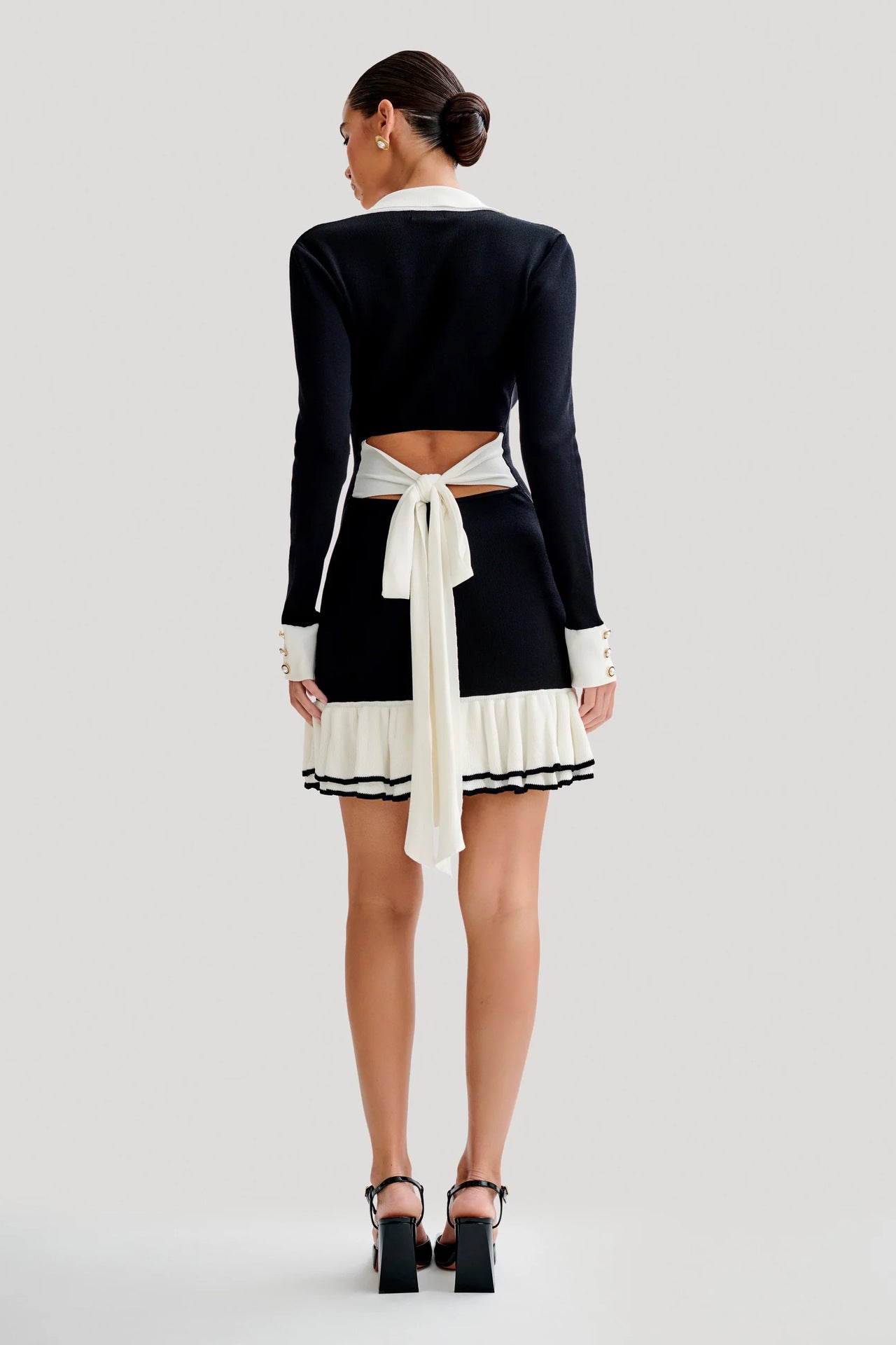 Black-White Elegant Bow-Tie Ruffle Knit Dress with Pearl Cuff Details