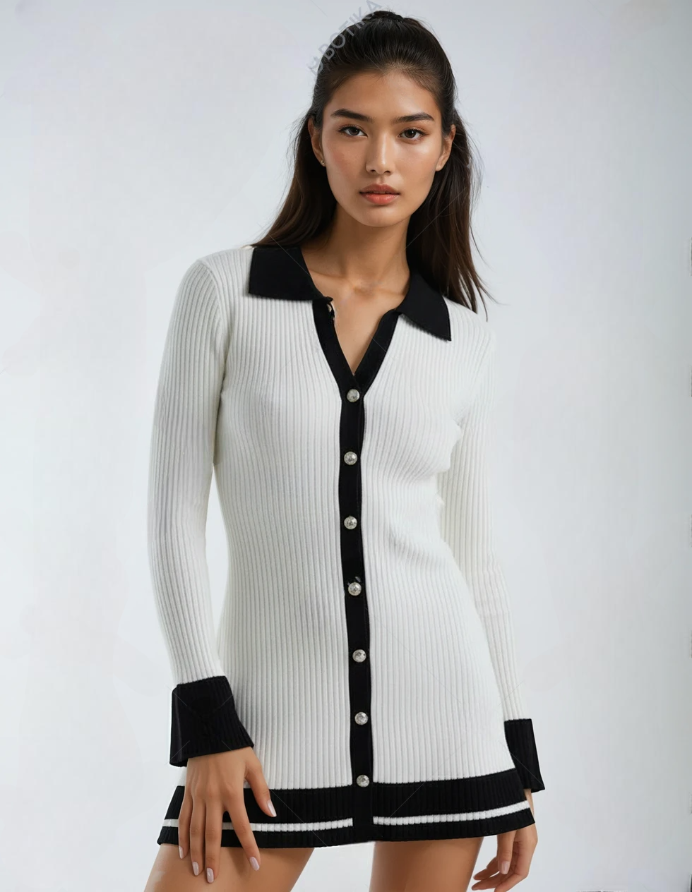 Elegant High-Waist Long-Sleeve Ruffled Knit Dress