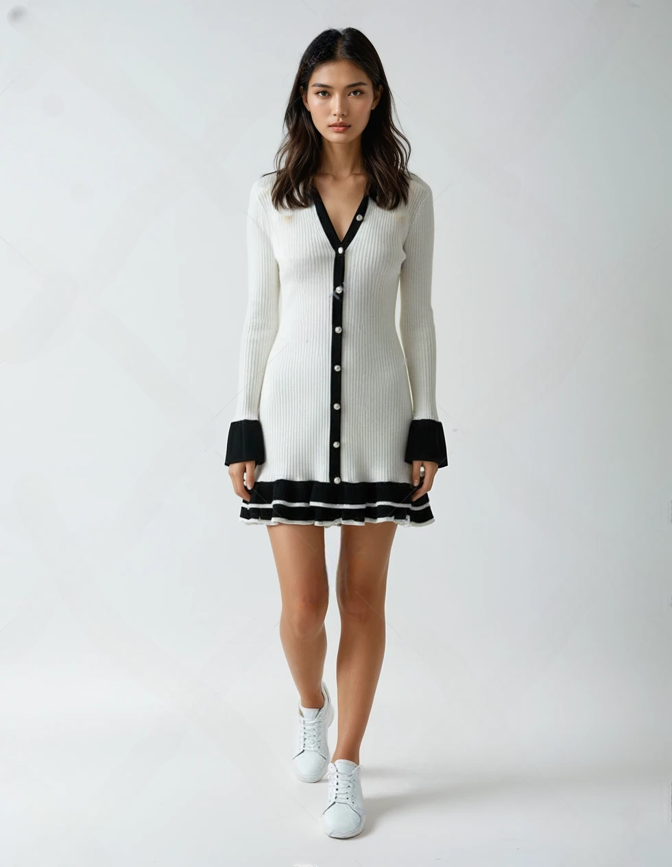Elegant High-Waist Long-Sleeve Ruffled Knit Dress