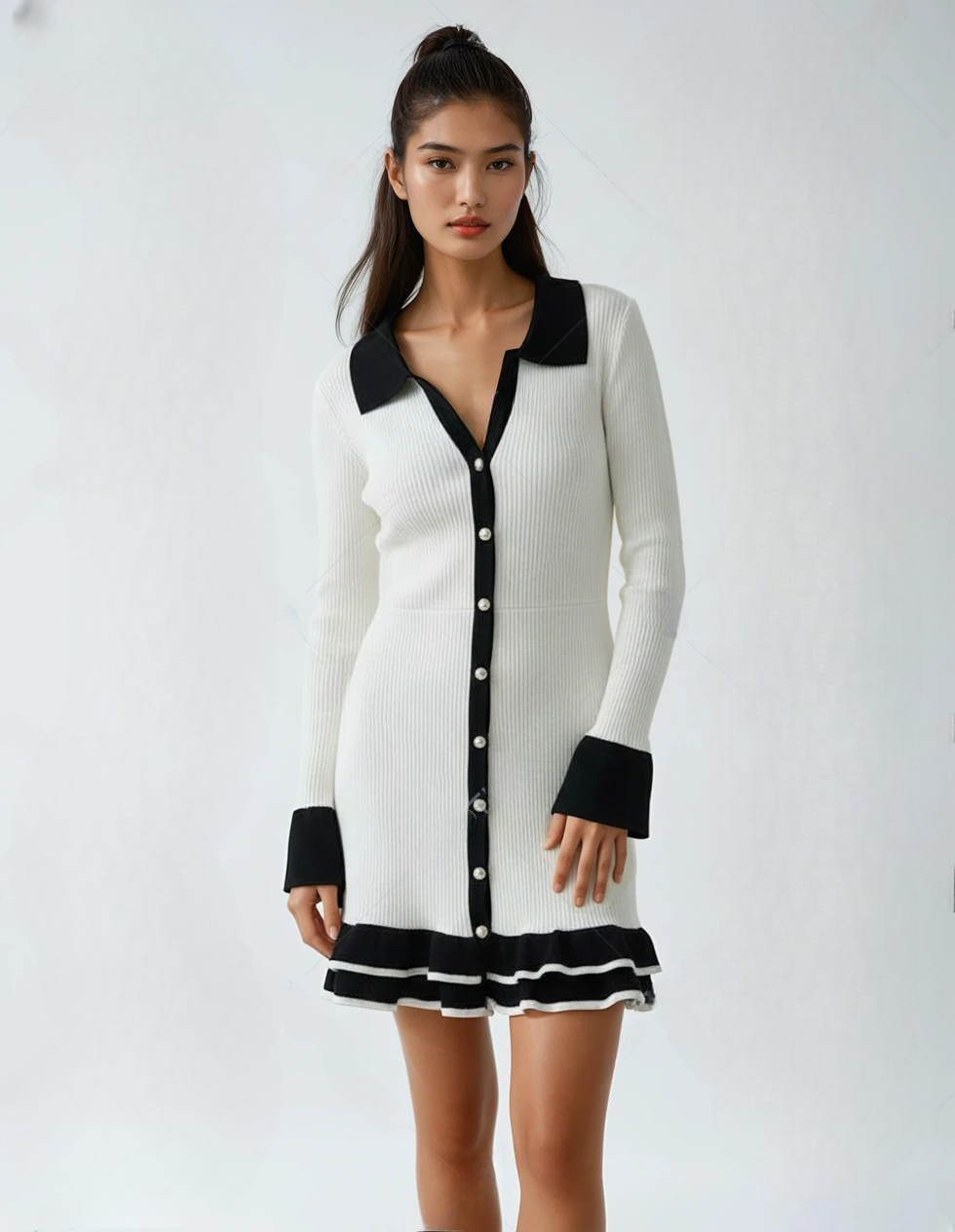 Elegant High-Waist Long-Sleeve Ruffled Knit Dress