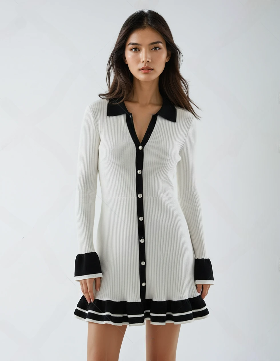 Elegant High-Waist Long-Sleeve Ruffled Knit Dress