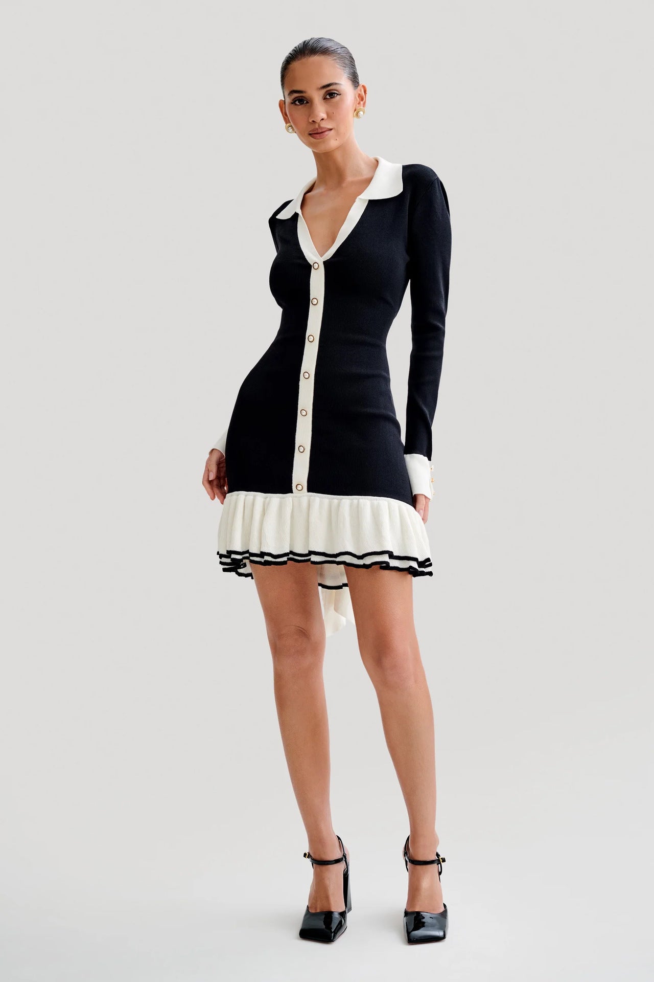 Black-White Elegant Bow-Tie Ruffle Knit Dress with Pearl Cuff Details
