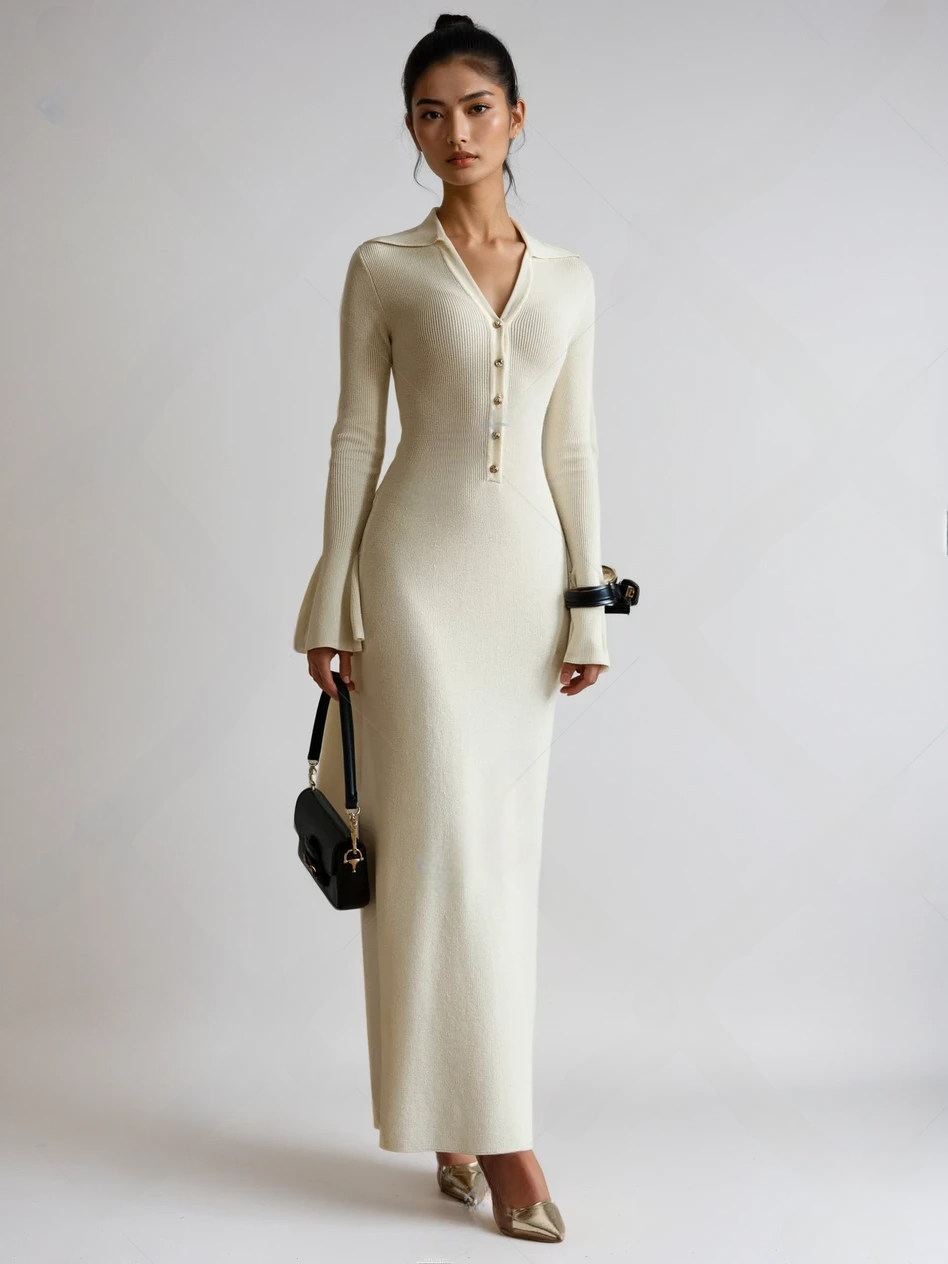 long knitted dress with flared sleeves and collar