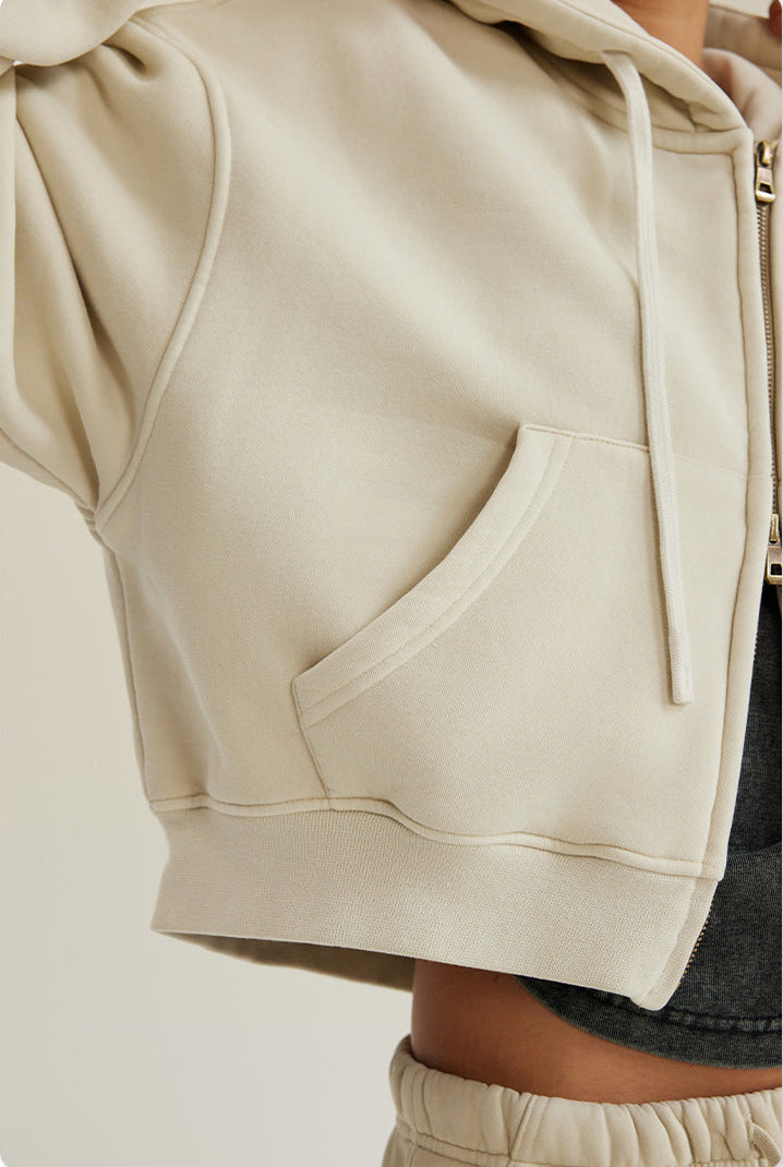 Retro Washed Fleece Zip-Up Crop Cardigan & Multi-Pocket A-Line Skirt Set