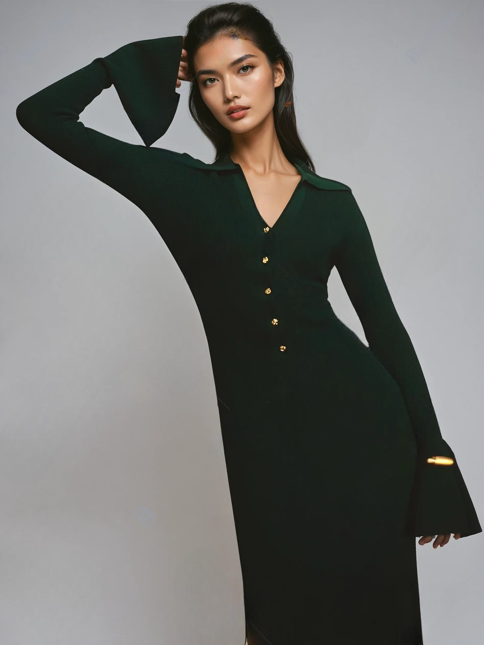 long knitted bottle green dress with flared sleeves and collar