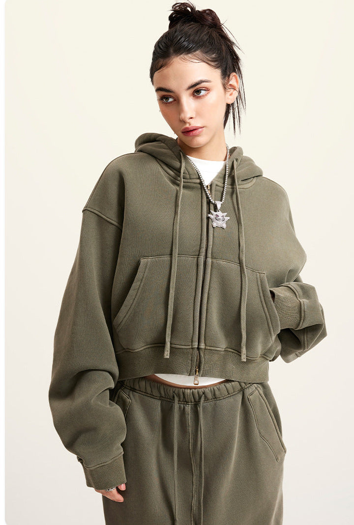 Khaki Green Retro Washed Fleece Zip-Up Crop Cardigan & Multi-Pocket A-Line Skirt Set