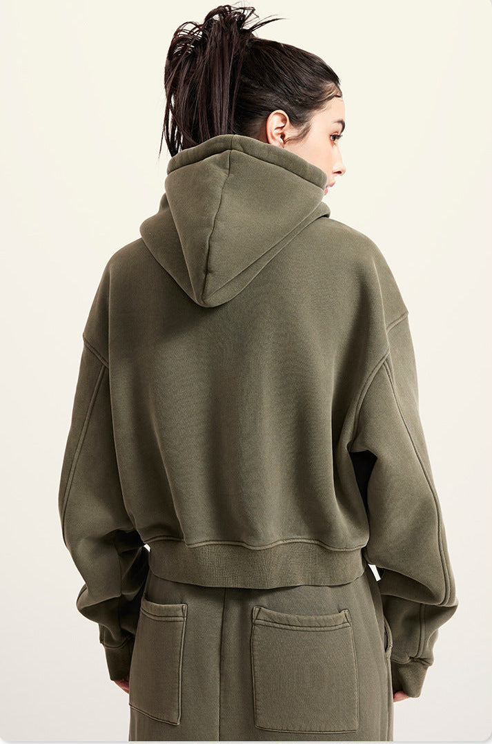 Khaki Green Retro Washed Fleece Zip-Up Crop Cardigan & Multi-Pocket A-Line Skirt Set