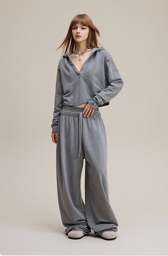 Grey Retro Baddie V-Neck Long Sleeve Double-Waist Sweat Set