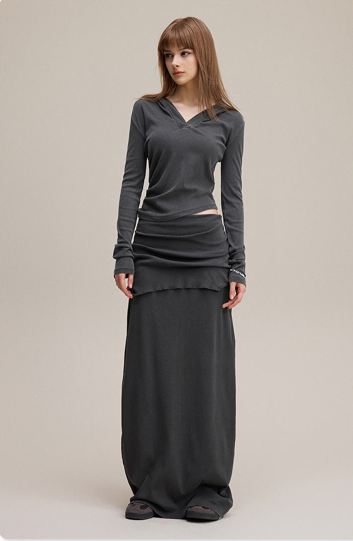 Anthracite Sexy V-Neck Slim Top & Skirt Set