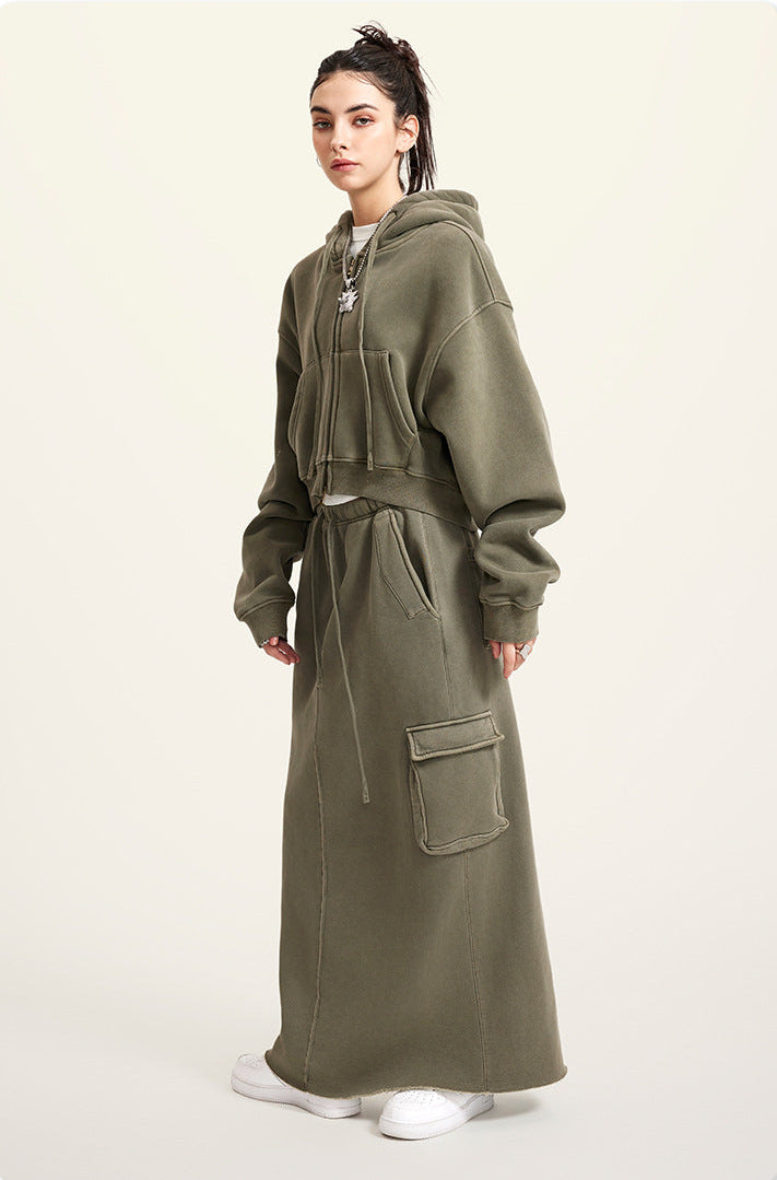 Khaki Green Retro Washed Fleece Zip-Up Crop Cardigan & Multi-Pocket A-Line Skirt Set