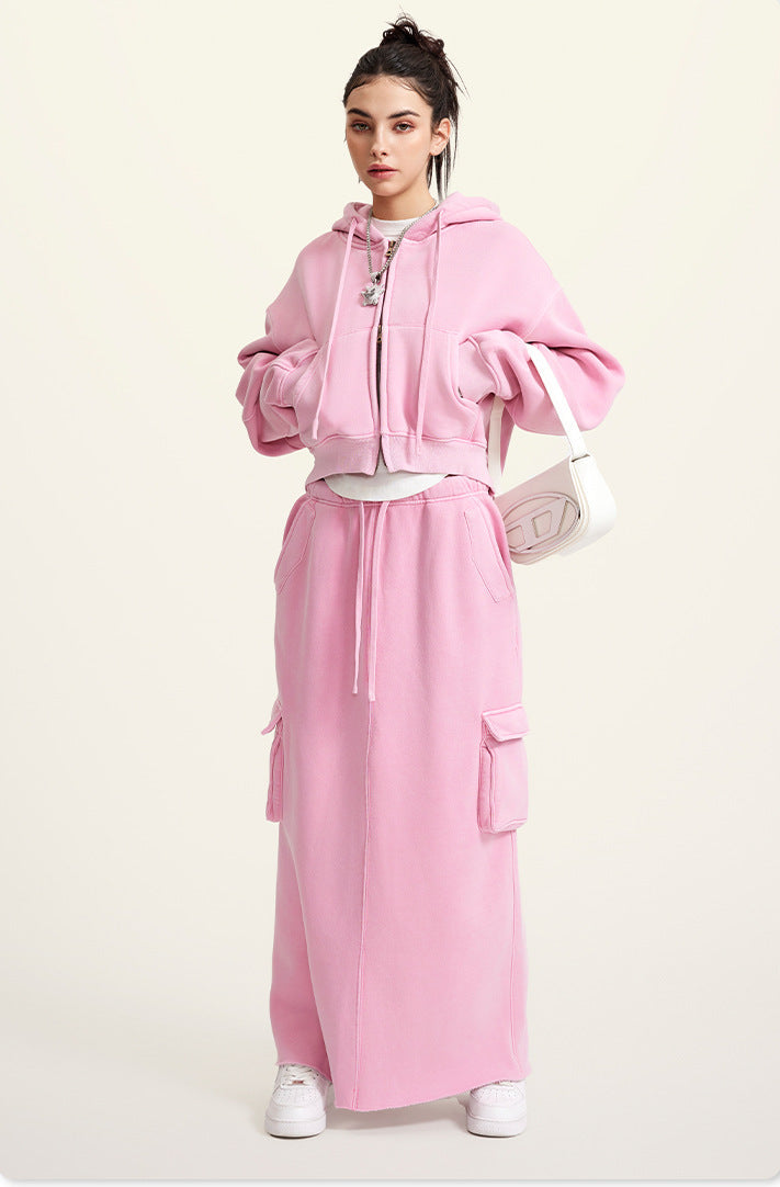 Pink Retro Washed Fleece Zip-Up Crop Cardigan & Multi-Pocket A-Line Skirt Set