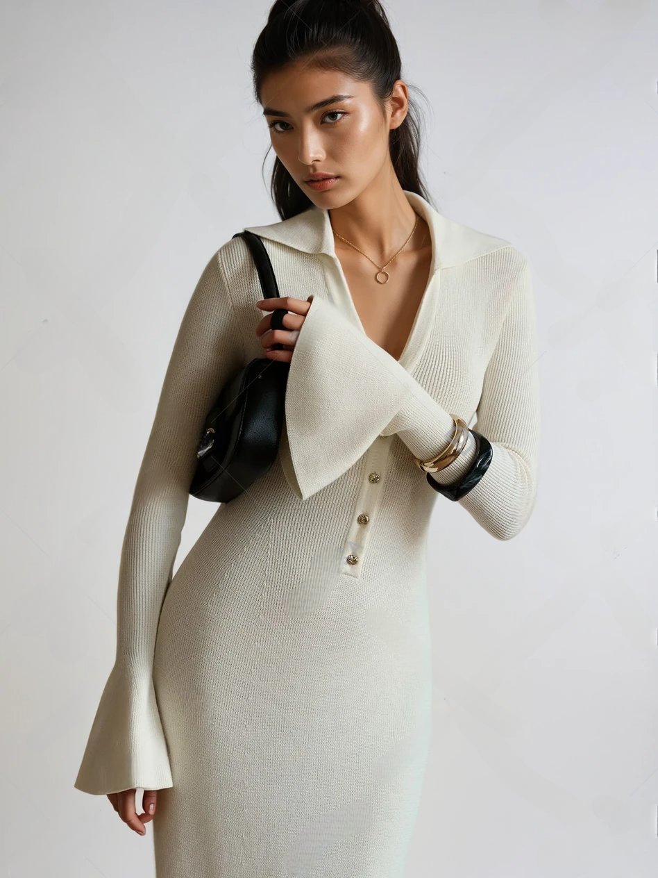 long knitted dress with flared sleeves and collar