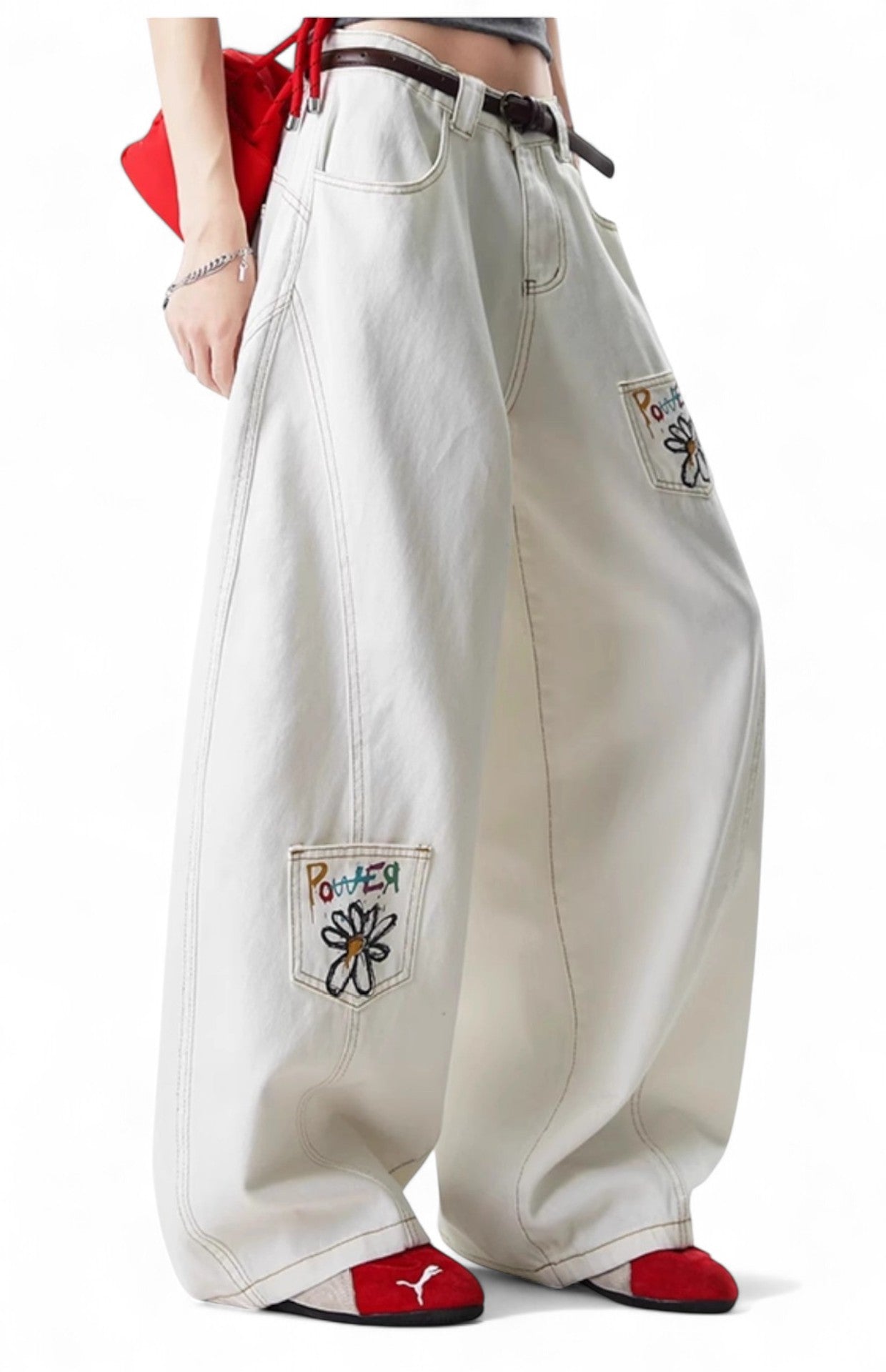 Vintage Flower Embroidery Print White Jeans