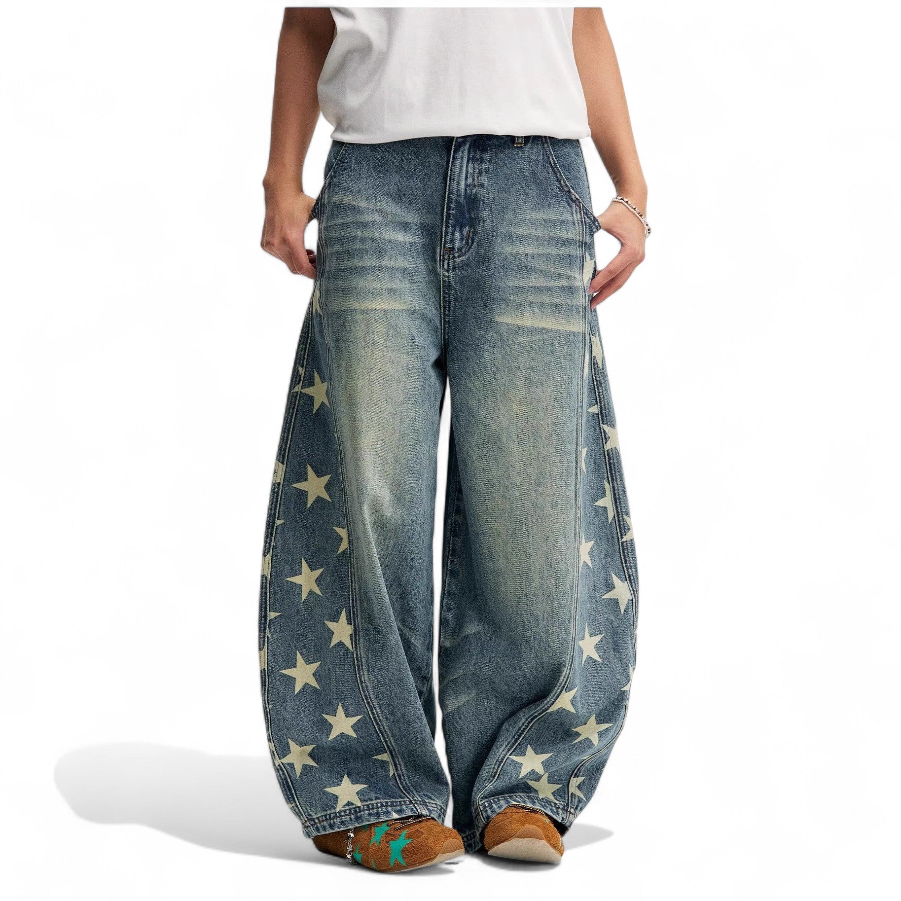 Design sense star side cut print wide-leg jeans