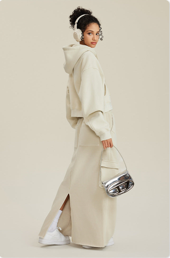 Retro Washed Fleece Zip-Up Crop Cardigan & Multi-Pocket A-Line Skirt Set