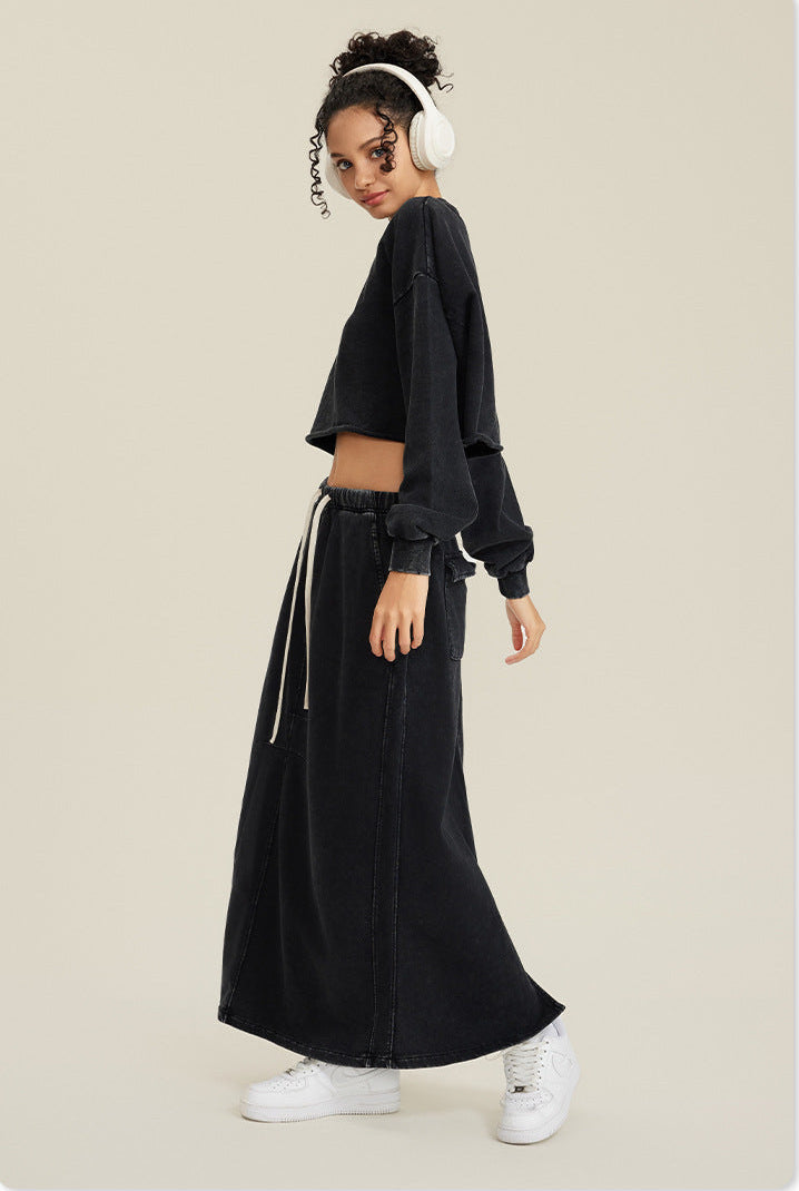 Black Two-Piece Set - Raw Hem Skirt & Cropped Long Sleeve Top with A-Line Skirt