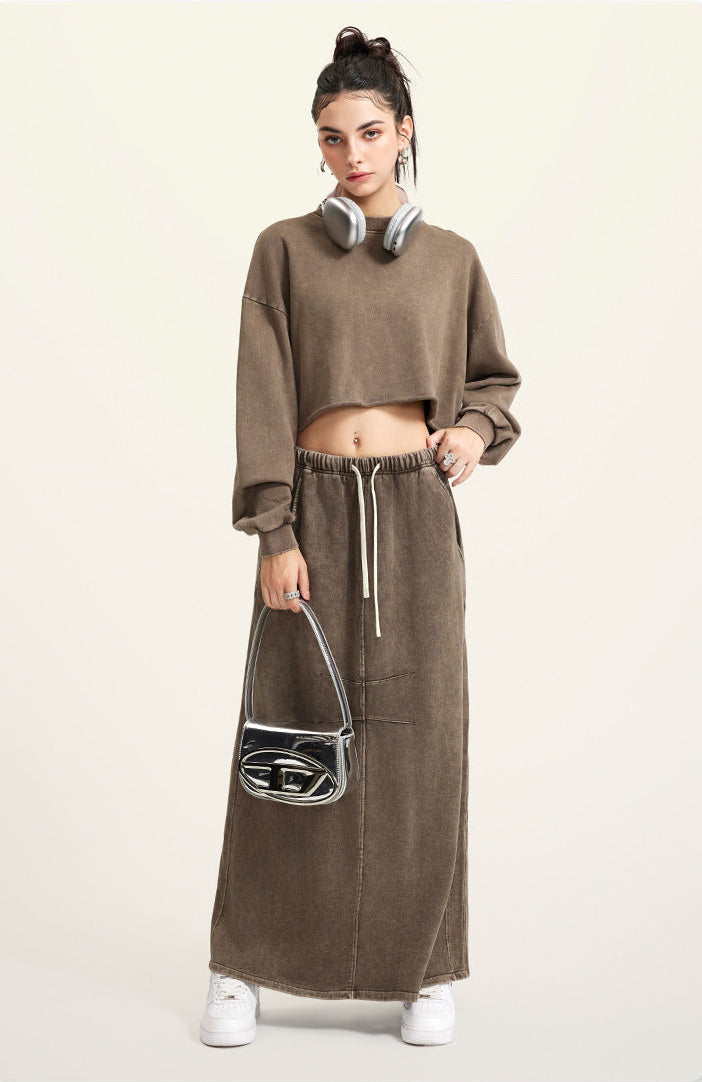 Brown Two-Piece Set - Raw Hem Skirt & Cropped Long Sleeve Top with A-Line Skirt