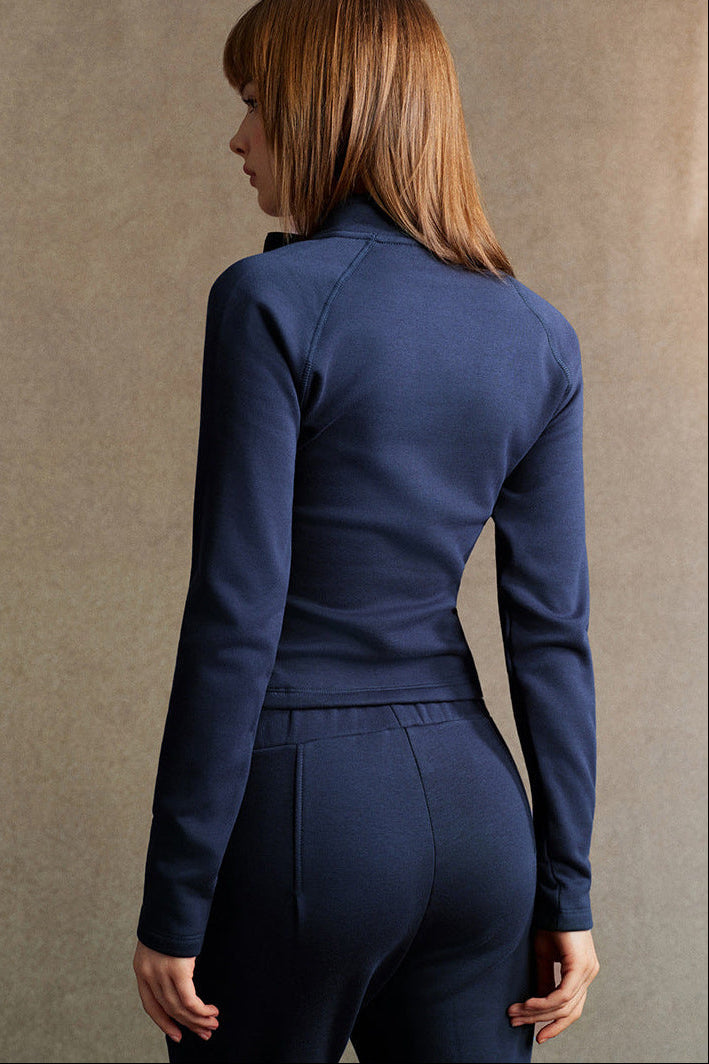 Dark Blue Vintage Premium quality Stand Collar Zipper Lulu Style Mousse Texture Slim-Fit Long Sleeve Track Suit