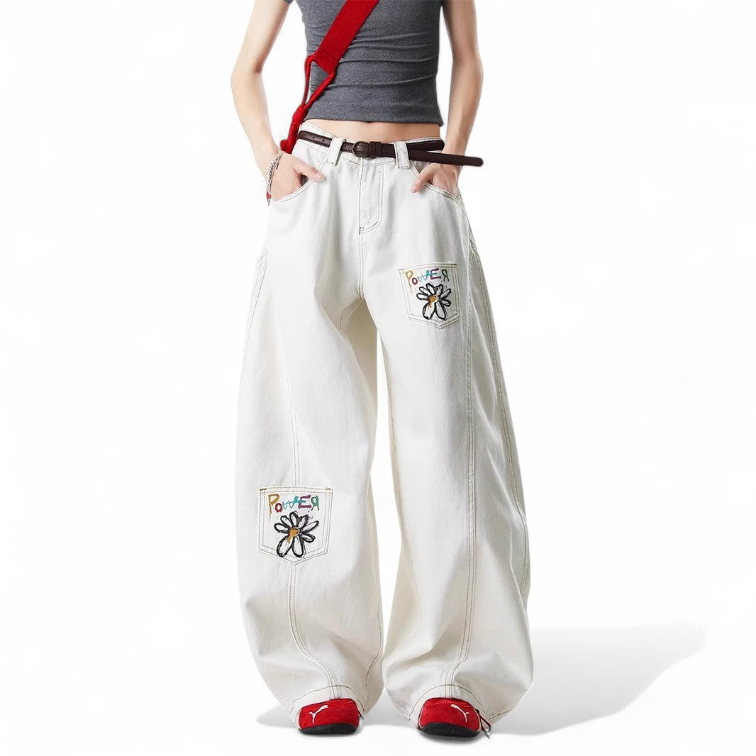 Vintage Flower Embroidery Print White Jeans