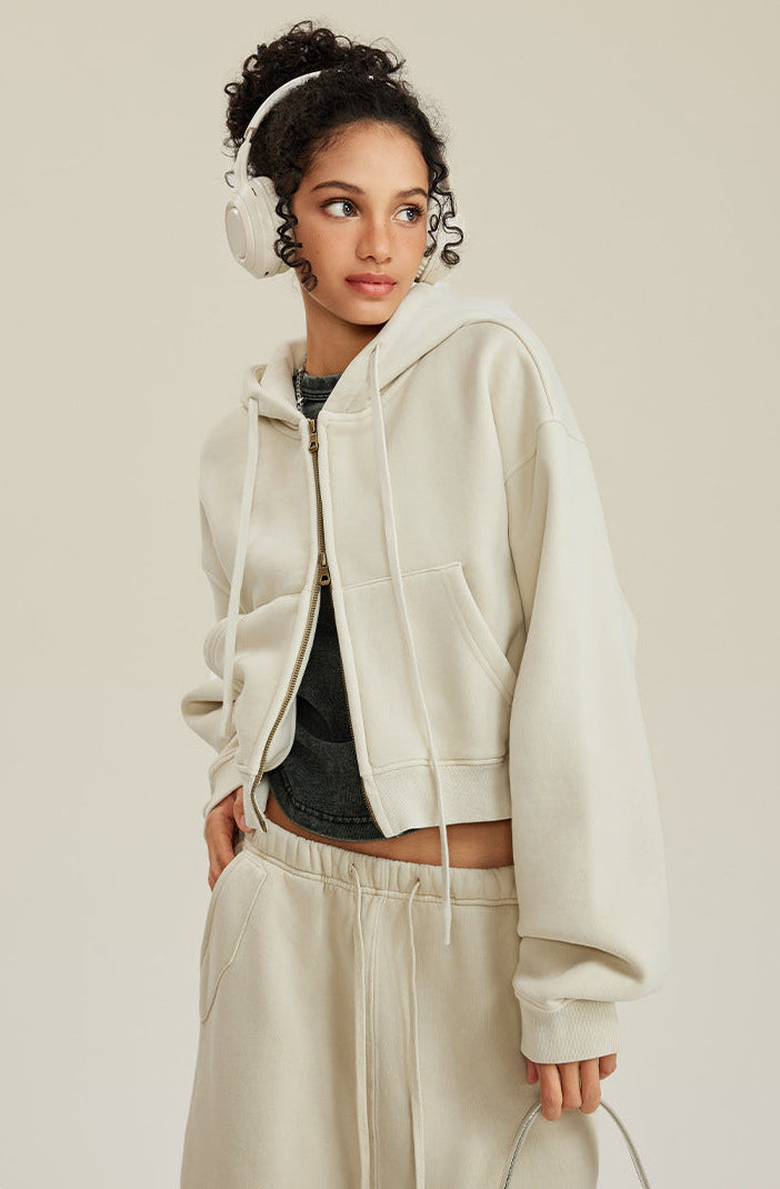 Retro Washed Fleece Zip-Up Crop Cardigan & Multi-Pocket A-Line Skirt Set