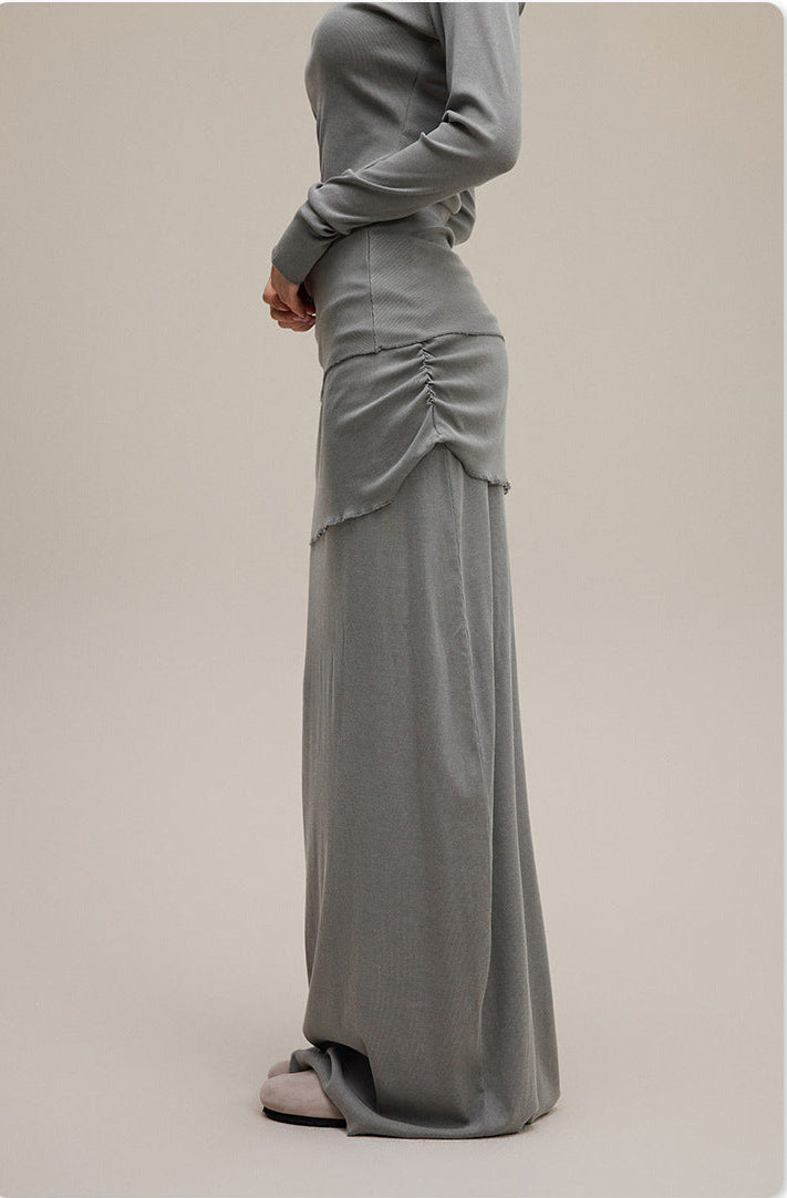 Grey Pure & Sexy Asymmetrical Off-Shoulder Waist-Cinching Long Sleeve Top and Maxi Skirt Set