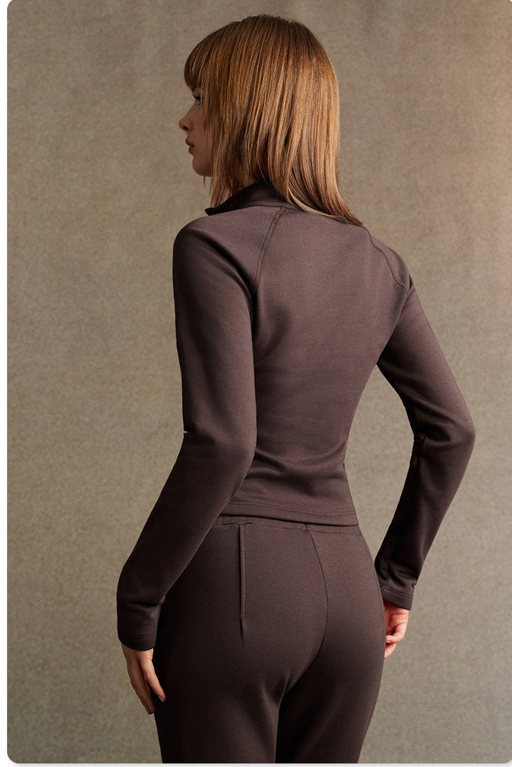 Dark Brown Vintage Premium quality Stand Collar Zipper Lulu Style Mousse Texture Slim-Fit Long Sleeve Track Suit