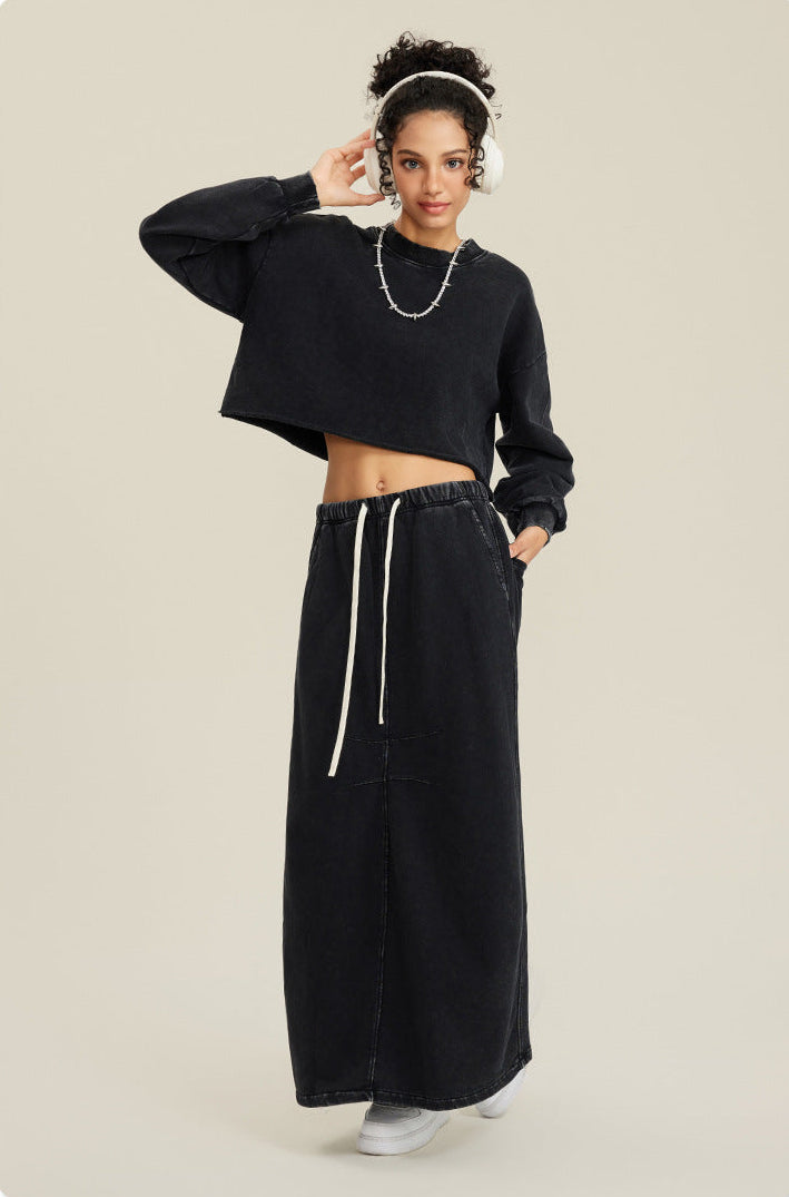 Black Two-Piece Set - Raw Hem Skirt & Cropped Long Sleeve Top with A-Line Skirt