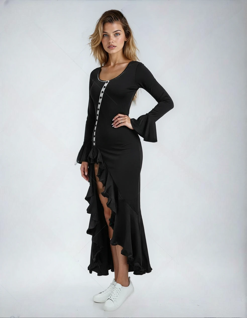 Black Sexy Slim Fit Flare Sleeve Buttoned Maxi Dress with Side Slit
