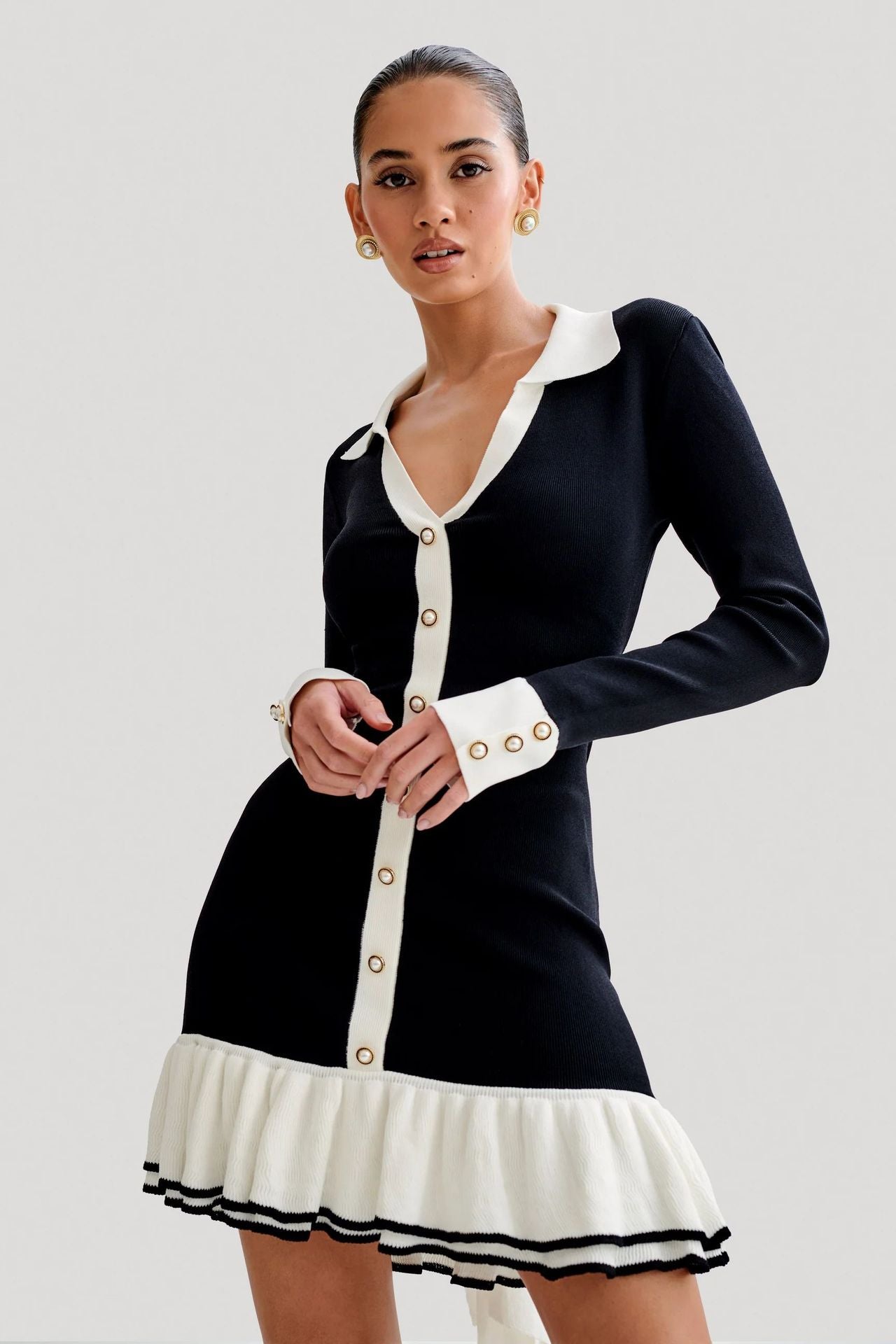 Black-White Elegant Bow-Tie Ruffle Knit Dress with Pearl Cuff Details