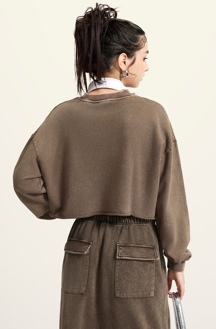 Brown Two-Piece Set - Raw Hem Skirt & Cropped Long Sleeve Top with A-Line Skirt