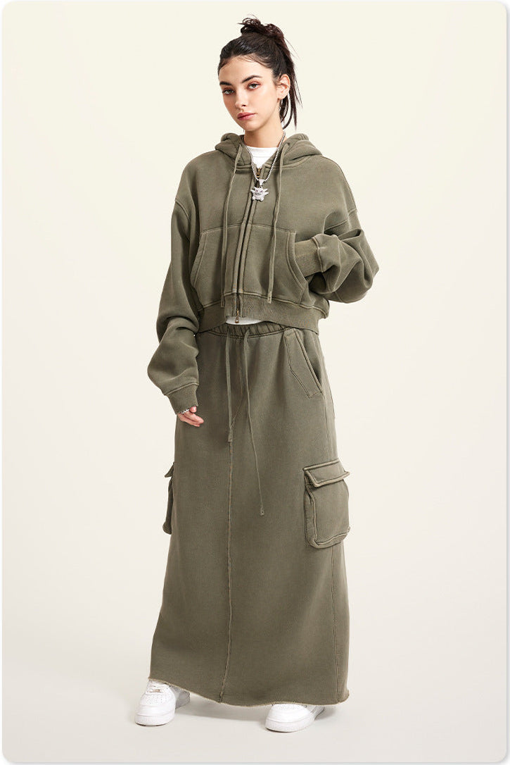 Khaki Green Retro Washed Fleece Zip-Up Crop Cardigan & Multi-Pocket A-Line Skirt Set