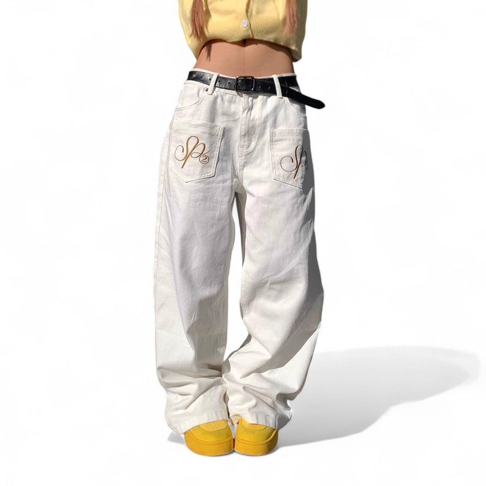 vintage letter wing embroidery drape, scimitar jeans