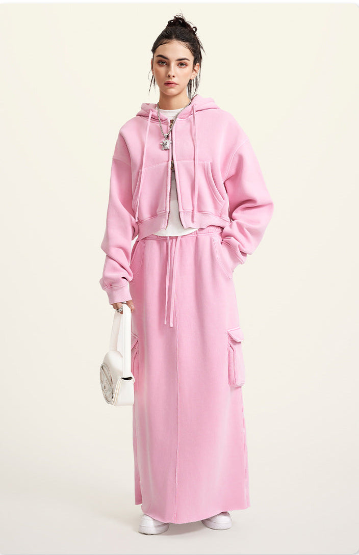 Pink Retro Washed Fleece Zip-Up Crop Cardigan & Multi-Pocket A-Line Skirt Set
