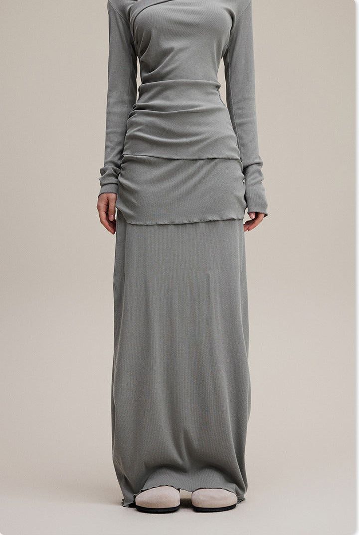 Grey Pure & Sexy Asymmetrical Off-Shoulder Waist-Cinching Long Sleeve Top and Maxi Skirt Set