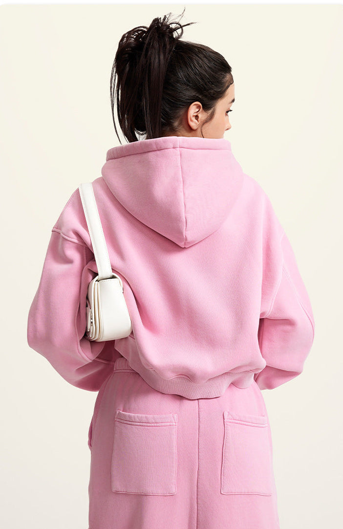 Pink Retro Washed Fleece Zip-Up Crop Cardigan & Multi-Pocket A-Line Skirt Set