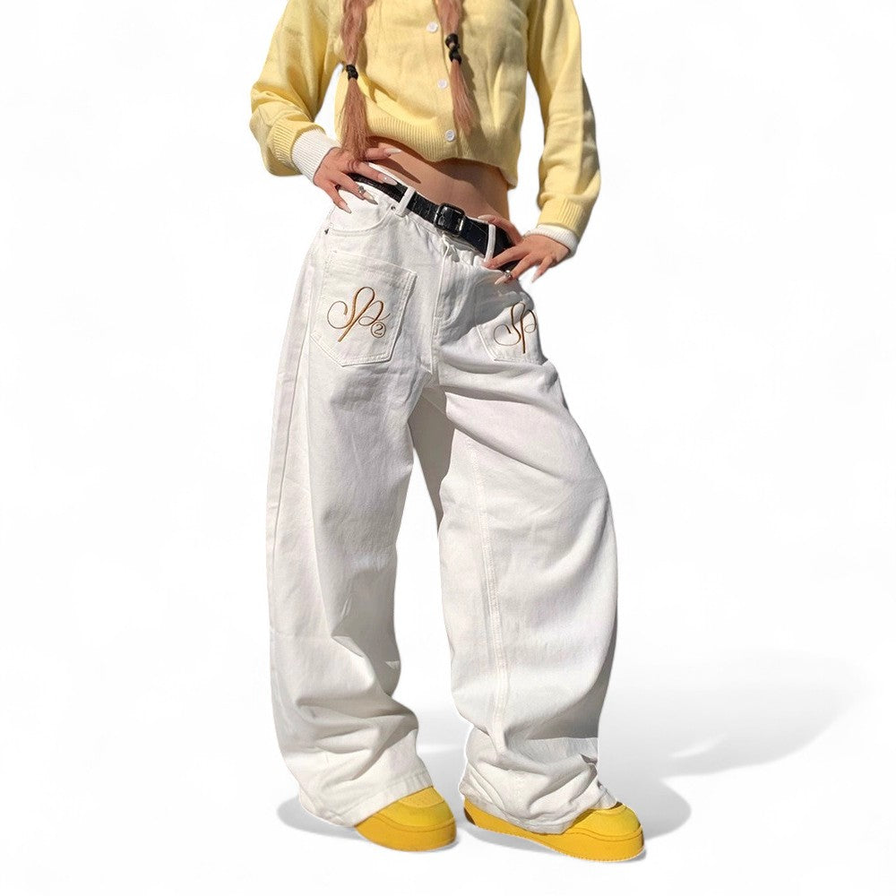 vintage letter wing embroidery drape, scimitar jeans